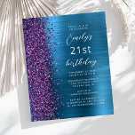 Budget Purple Teal Glam 21st Birthday Invite<br><div class="desc">The left-hand edge of this modern birthday party invitation features a purple faux glitter border. The customizable text combines white script and sans serif fonts on a teal blue faux brushed metal background. The reverse side features a matching design.</div>