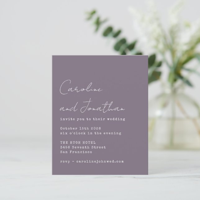 Budget Purple Typewriter Script Wedding Invite (Standing Front)