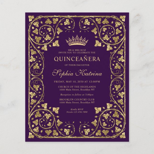 Budget Purple Violet Floral Gold Tiara Quinceanera (Front)