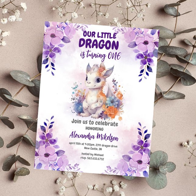 Budget Purple Watercolor Dragon Baby 1st Birthday Flyer (Create Magic with Cute Watercolor Dragon Baby 1st Birthday Invitation )
