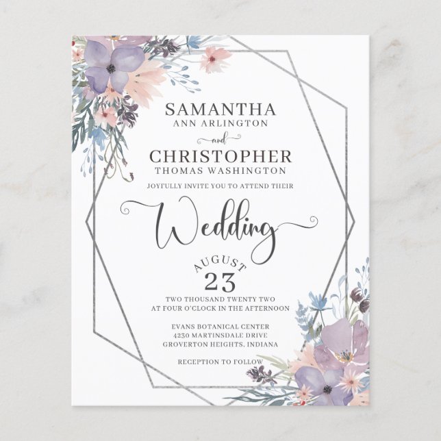 Budget Purple Watercolor Floral Wedding Invitation (Front)