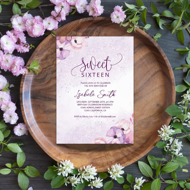 Budget Purple Watercolor Sweet 16 Invitation (Creator Uploaded)