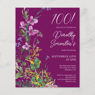 BUDGET Purple Yellow Floral 100th Birthday Invite