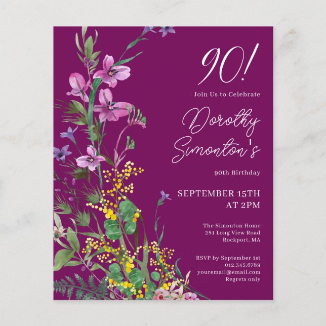 BUDGET Purple Yellow Floral 90th Birthday Invite (Front)