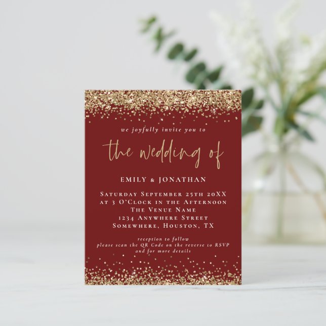 Budget QR Burgundy Gold Glitter Wedding Invite (Standing Front)
