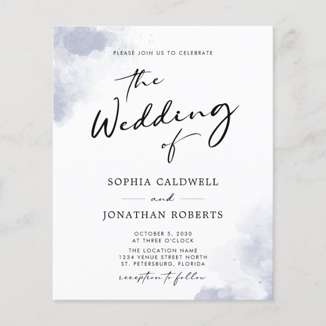 Budget QR Code Dusty Blue Watercolor Wedding Flyer (Front)