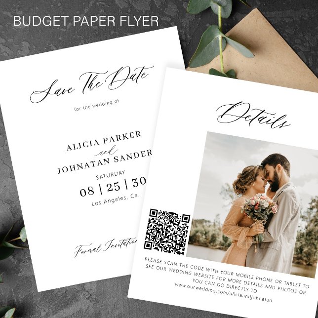 Budget QR code elegant photo wedding save the date Flyer (Creator Uploaded)