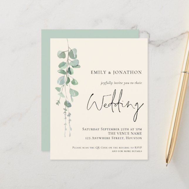 Budget QR Code Eucalyptus Ivory Wedding Invitation (Front/Back In Situ)