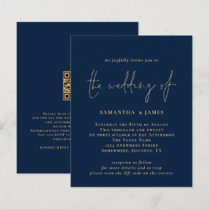 Budget QR Code Gold Navy Wedding Invitation