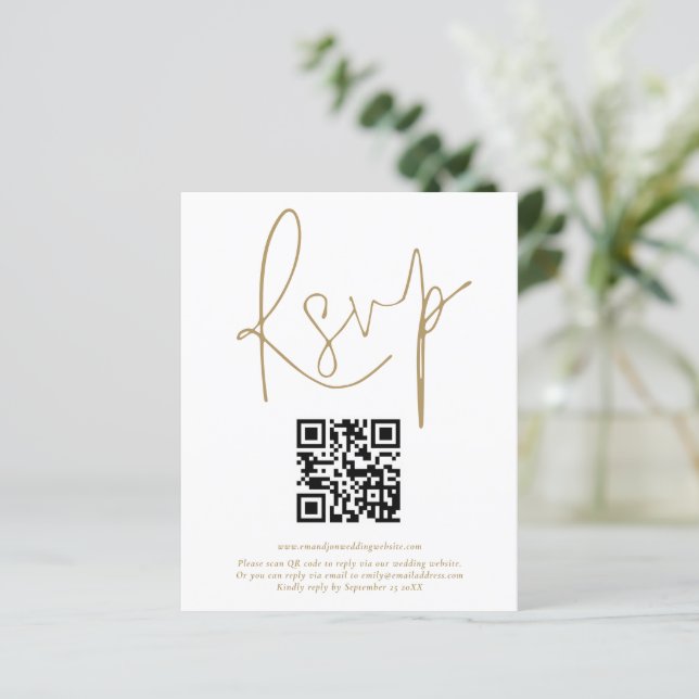Budget QR Code Gold Script Wedding RSVP (Standing Front)