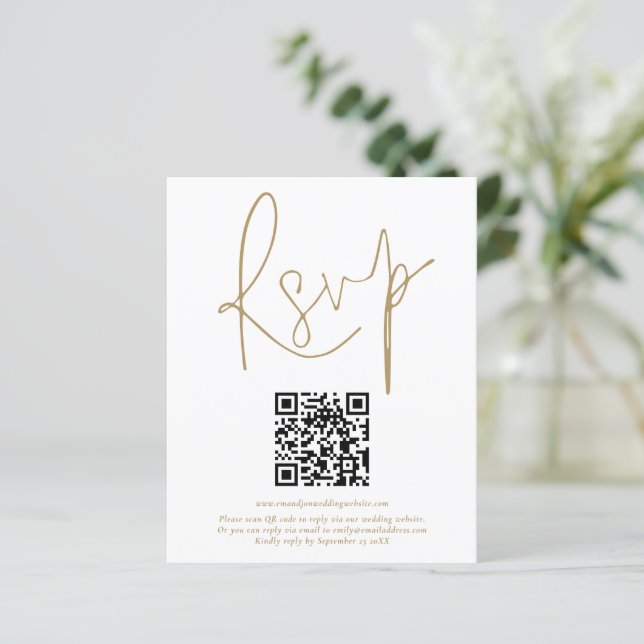 Budget QR Code Gold Script Wedding RSVP (Standing Front)