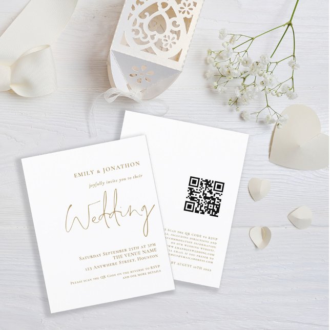 Budget QR Code Gold Typography Wedding Invitation (Front ad back view. Budget price smaller size value invitation.)