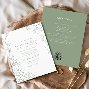 Budget QR Code Green Leaf Wedding Invitation