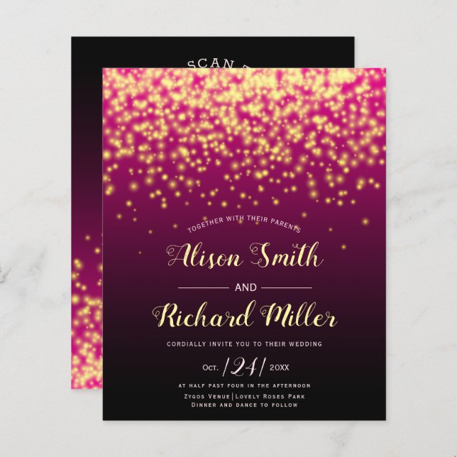 BUDGET QR code Lights burgundy wedding invitation (Front/Back)