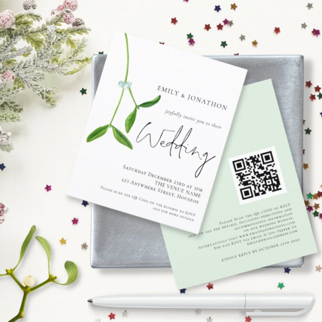 Budget QR Code Mistletoe Christmas Wedding Invite (Creator Uploaded)
