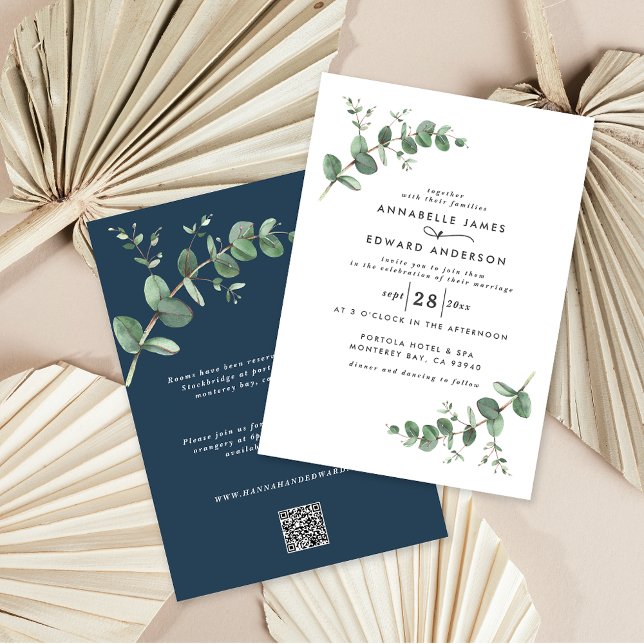 Budget QR code navy blue simple Eucalyptus leaf Invitation (Creator Uploaded)