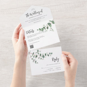 Budget QR code Wedding Eucalyptus botanical modern All In One Invitation