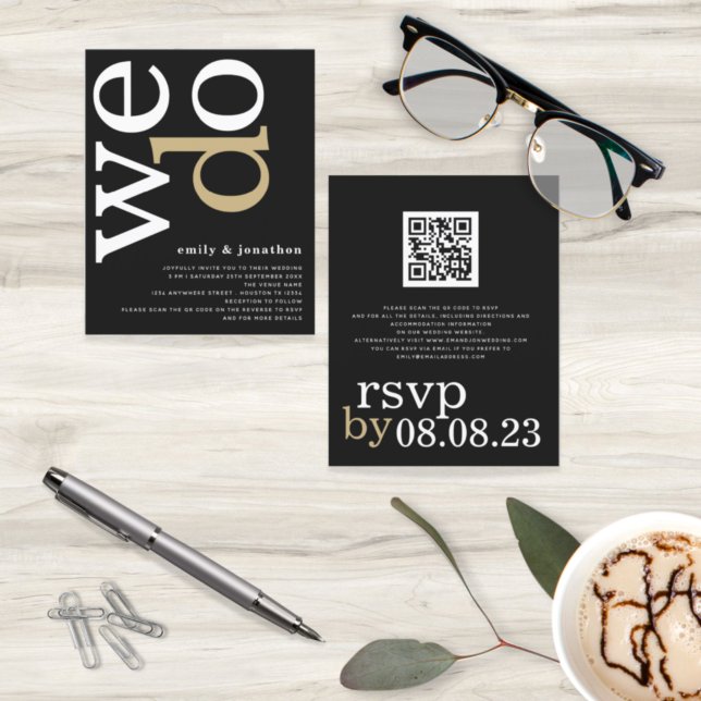 BUDGET QR Code White Gold Black Wedding Invite (Creator Uploaded)