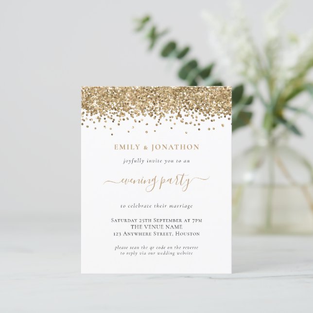 Budget QR Gold Glitter Evening Wedding Invite (Standing Front)