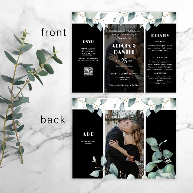 Budget QR photo rsvp details eucalyptus wedding (The size of the invitation is 8.5" x 11")