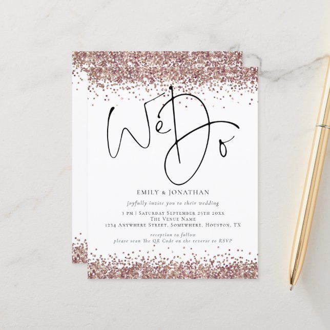 Budget QR Rose Gold Glitter We Do Wedding Invite (Front/Back In Situ)