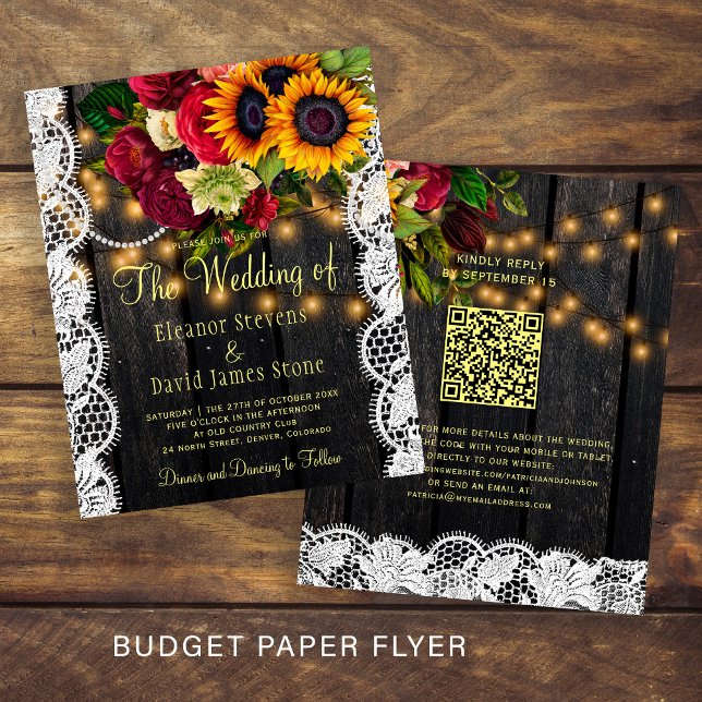 Budget QR rustic floral wood wedding invitation Flyer (Creator Uploaded)
