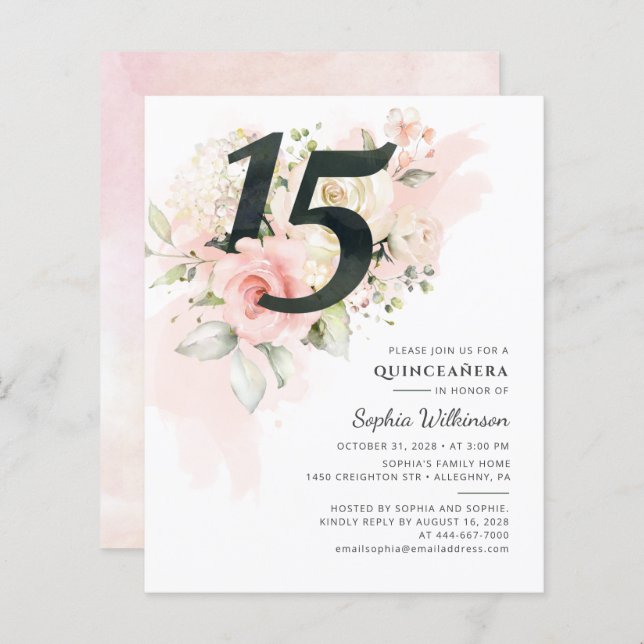 Budget Quinceanera 15th Birthday Floral Invitation (Front/Back)