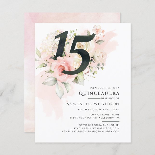 Budget Quinceanera 15th Birthday Party Invitation (Front/Back)