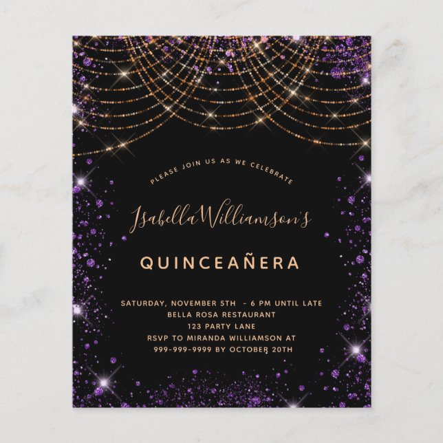 Budget Quinceanera black purple gold glitter dust (Front)