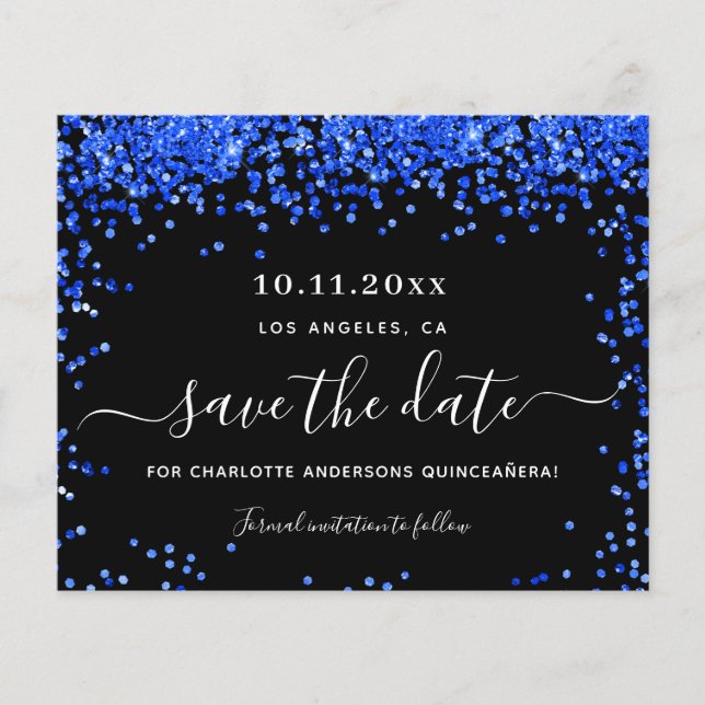 Budget Quinceanera black royal blue save the date (Front)