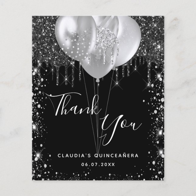 Budget Quinceanera black silver thank you card (Front)