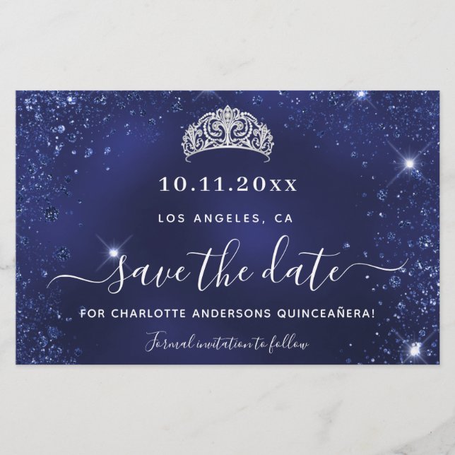 Budget Quinceanera blue glitter dust save date (Front)