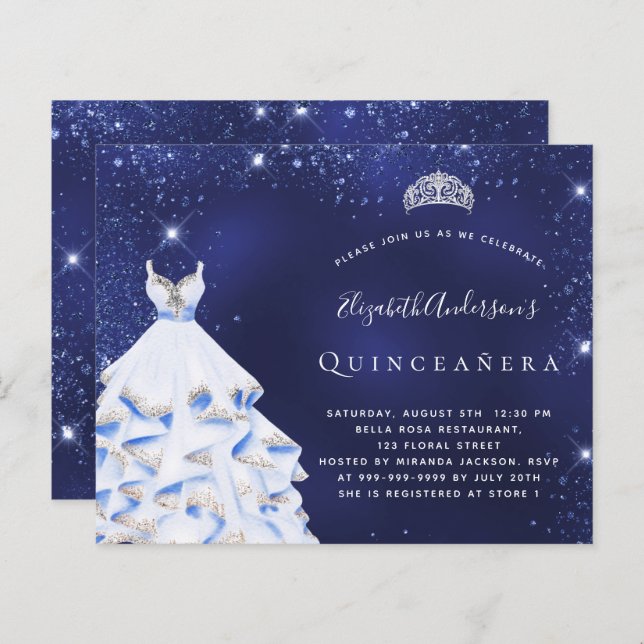 Budget Quinceanera blue silver tiara invitation (Front/Back)