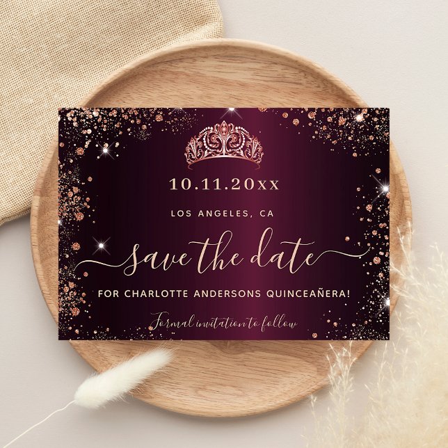 Budget Quinceanera burgundy rose gold tiara Save The Date (Creator Uploaded)