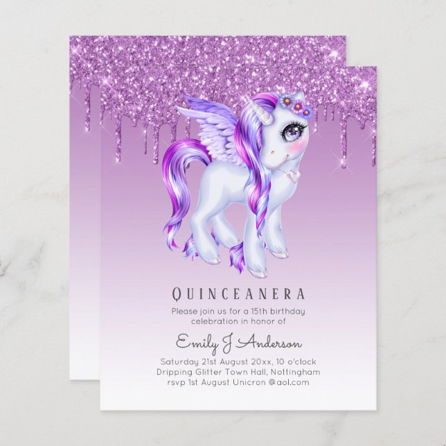 BUDGET Quinceanera Glitter Unicorn Anicorn Winged (Front/Back)