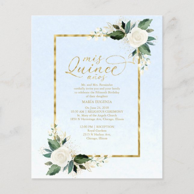 Budget Quinceanera Invitation Bilingual Blue Gold (Front)