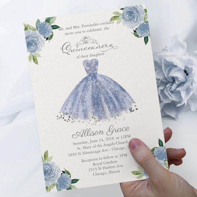 Budget Quinceanera Invitation Bilingual Blue Gown (Creator Uploaded)