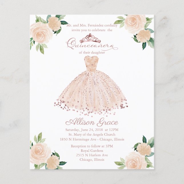 Budget Quinceanera Invitation Bilingual Pink Gown (Front)