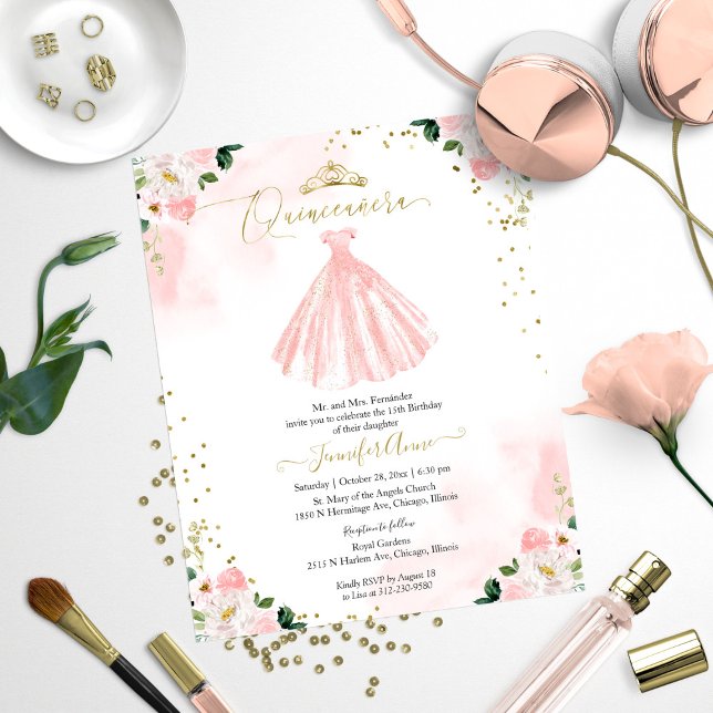 Budget Quinceanera Invitation Blush Floral Gown (Creator Uploaded)