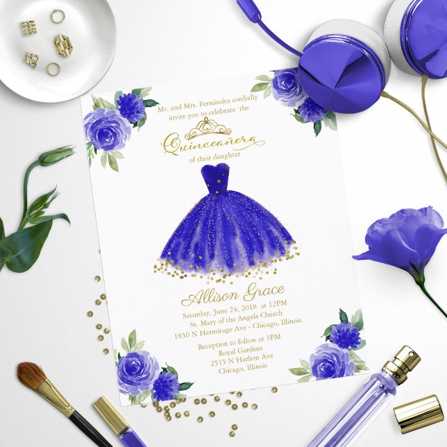 Budget Quinceanera Invitation Gold Royal Blue Gown (Creator Uploaded)
