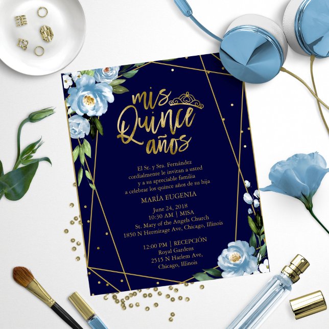Budget Quinceanera Invitation Spanish Blue Floral (Creator Uploaded)