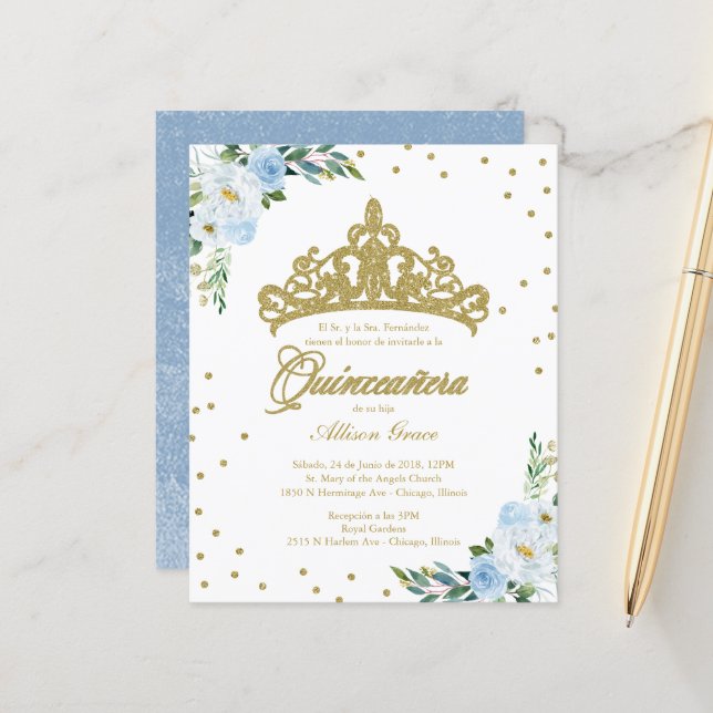 Budget Quinceanera Invitation Spanish Gold Tiara (Front/Back In Situ)