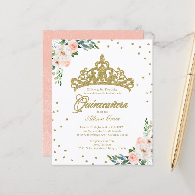 Budget Quinceanera Invitation Spanish Gold Tiara (Front/Back In Situ)