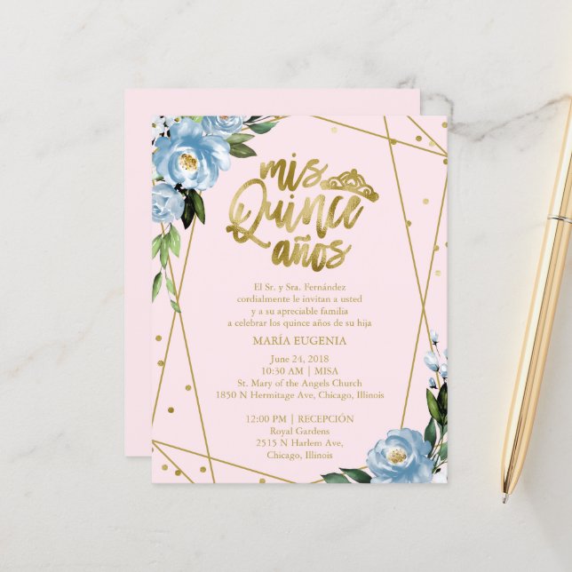 Budget Quinceanera Invitation Spanish Pink Blue (Front/Back In Situ)