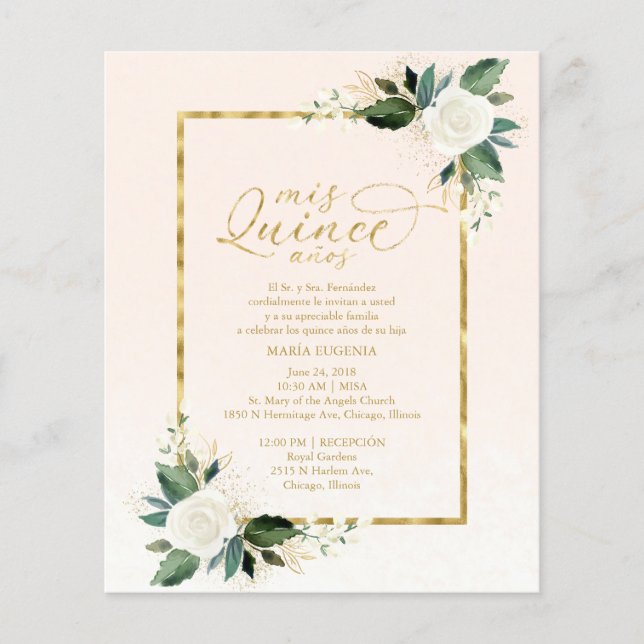 Budget Quinceanera Invitation Spanish Pink Gold (Front)