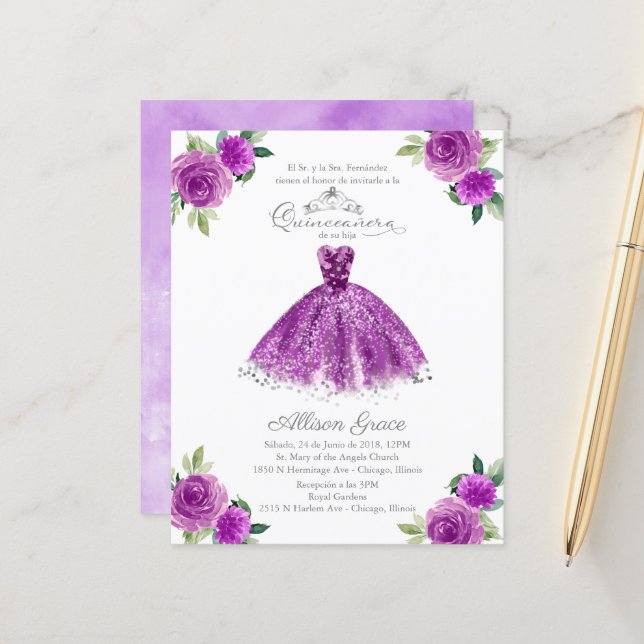 Budget Quinceanera Invitation Spanish Purple Gown (Front/Back In Situ)