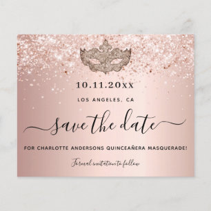 Budget Quinceanera masquerade rose gold save date