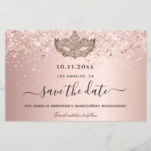 Budget Quinceanera masquerade rose gold save date
