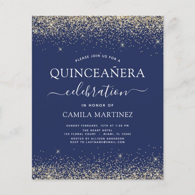Budget Quinceanera Navy Blue Gold Modern Glitter Flyer (Front)