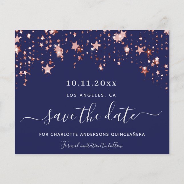 Budget Quinceanera navy blue rose Save the Date (Front)